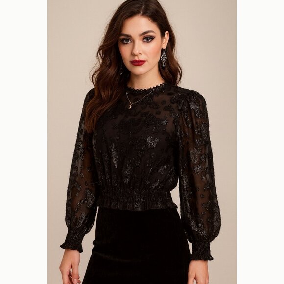 Peach Women’s Black Metallic Sheer Top Size S Romantic Glam Holiday Whimsigoth - Picture 1 of 12